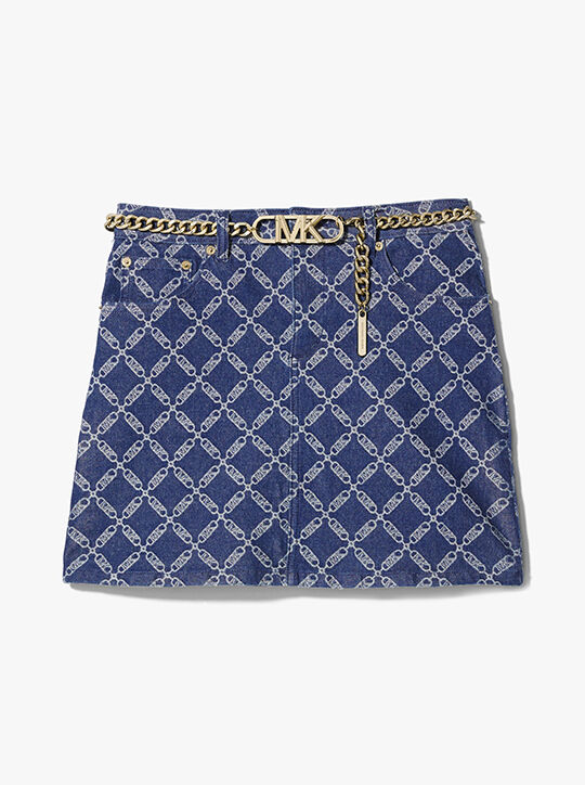 Empire Logo Denim Belted Mini Skirt