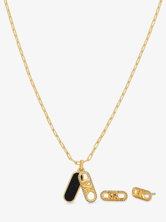 Precious Metal-Plated Brass and Acetate Empire Logo Necklace and Earrings Set