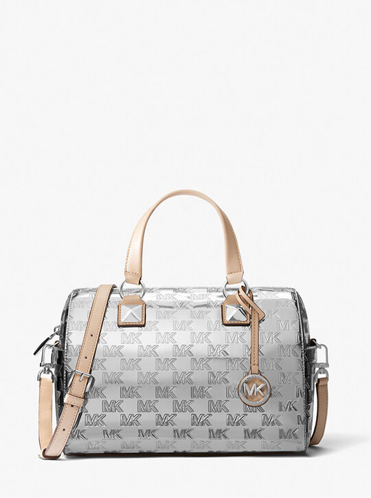 Grayson Medium Logo Embossed Patent Duffel Crossbody Bag