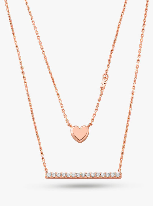 Precious Metal-Plated Sterling Silver Double Heart and Pavé Bar Necklace